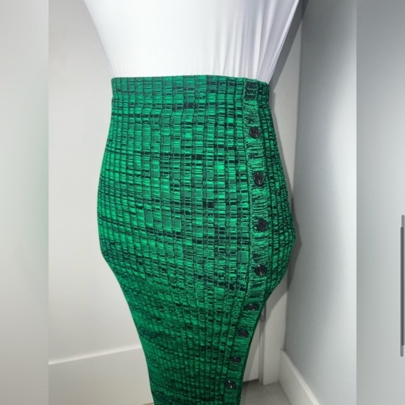 Self-Portrait Buttoned Side-Slit Rib Knitted Midi Skirt in Green - Picture 7 of 12